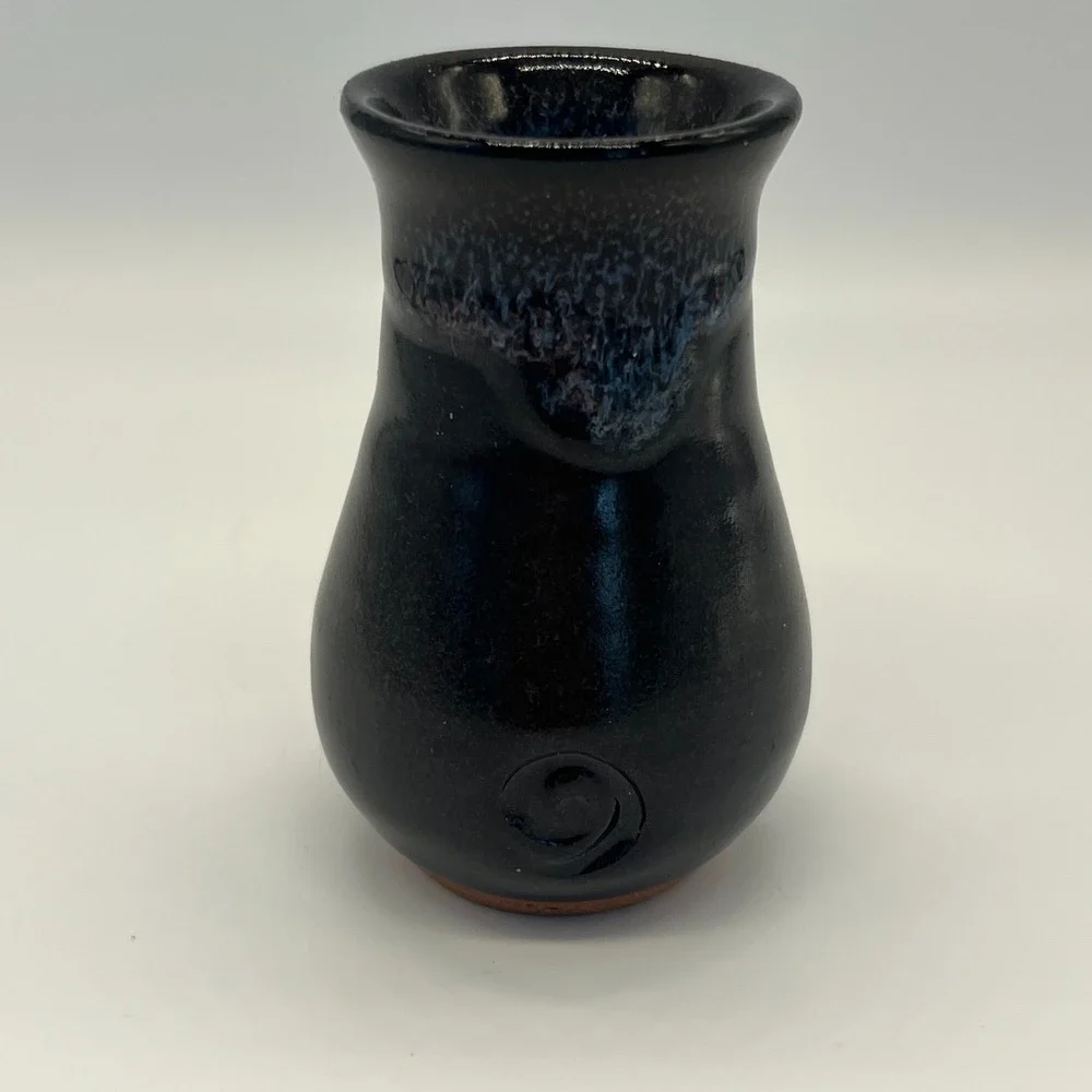 Black Pottery Bud Vase‎ with Swirls Slight Ombre Neck Artist Signed Minimalist